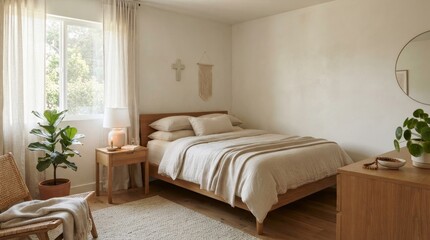 Fototapeta premium Bright Minimalist Bedroom with Natural Light and Plants.