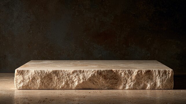 Rectangular stone podium against a dark textured wall