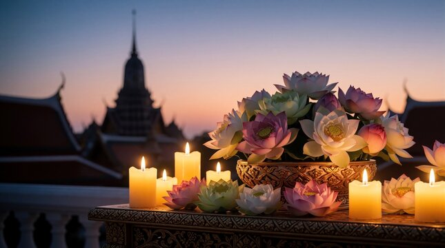 Golden lotus flowers, burning candles decorate altar during Buddhist Lent festival. Traditional Thai temple stupa stands against sunset sky in background. Peaceful religious ceremony for Khao Phansa
