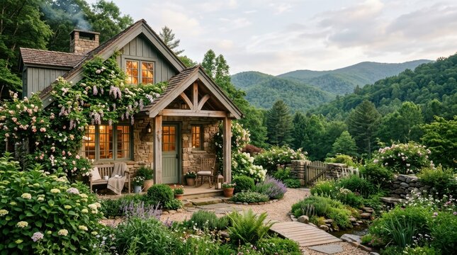 Charming stone cottage nestled in lush green mountains with blooming flowers