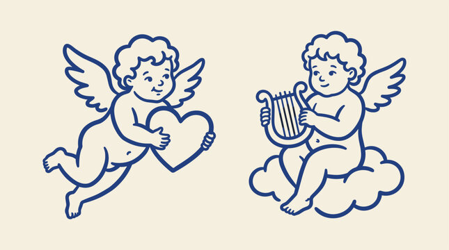 Vintage cupid line art set, cherub with heart and harp vector, retro romantic angel illustrations for Valentine's Day cards