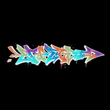 Graffiti art lettering design illustration with colorful wildstyle elements, paint splatters, and arrow motif on black background