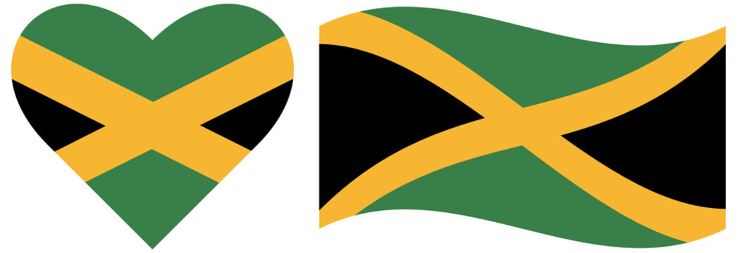 Jamaica flags set isolated. Flag of Jamaica in heart shape. Waving flag of Jamaica.