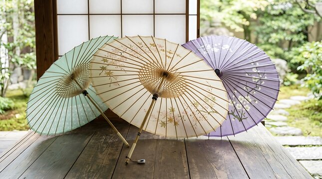 japanese traditional paper umbrellas in soft colors