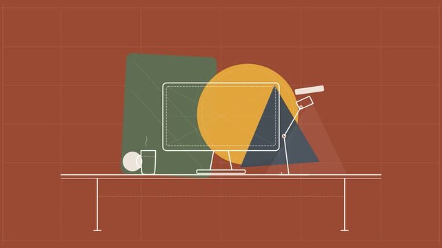 Minimalist vector animation of modern office desk setup with abstract geometric background shapes