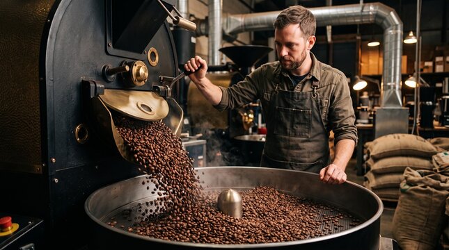 Professional roaster monitoring freshly roasted coffee beans pouring into cooling tray within industrial facility with operating large industrial