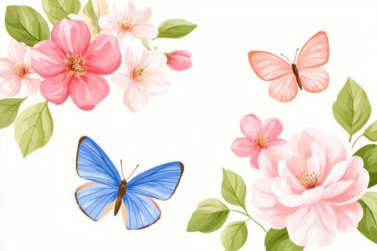 Spring floral corner design with butterflies and blossoms