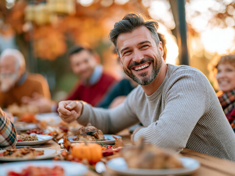 Handsome Smiling Man Enjoying Thanksgiving Dinner with Family Outdoors
