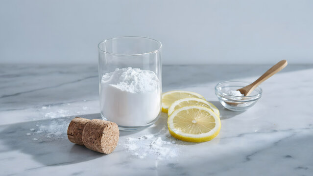 Baking soda powder in a glass with fresh lemon slices on a marble surface
