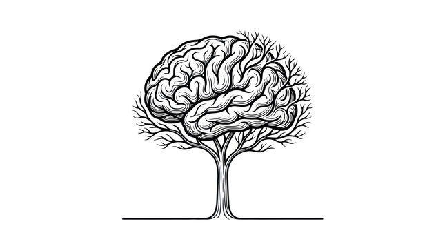 Brain tree displays a single anatomical structure with sparse branches illustrating the minimalist evolution of thought and the foundation of cognitive reasoning.