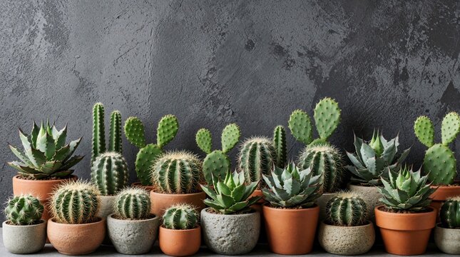 Row of small succulent plants in terracotta, stone pots. Various cacti, agaves grow against dark gray concrete wall. Minimalist indoor garden decoration with green foliage. Modern desert plants