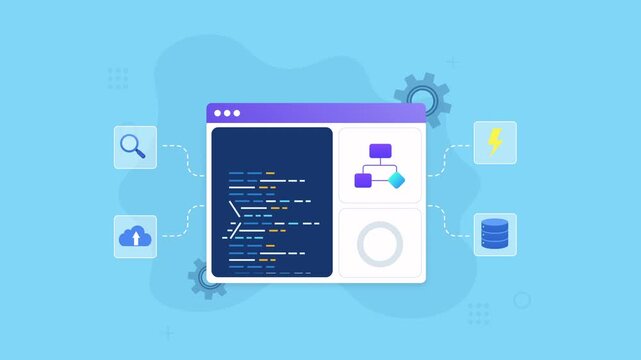 Animated cloud computing interface with code, cloud, search, user, and database icons, representing software development, web technology, data management, and digital connectivity.
