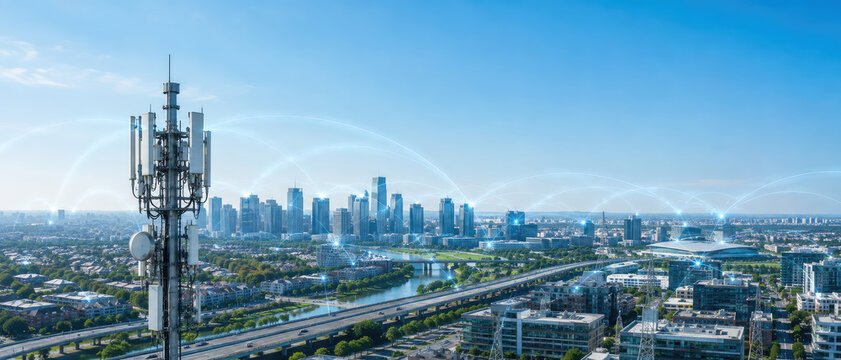 5G Cellular Network Tower Connecting Smart City and High Speed Wireless Communication