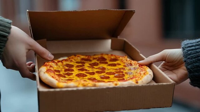 selective focus courier placing warm pizza box at home doorstep evening delivery concept