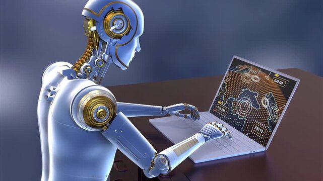 Robot analyst, 3D animation showing data entry and global map monitoring with numeric readouts and location markers, illustrating real time analytics, surveillance and decision support.
