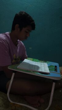 Young Boy Studying at Home with School Book, Child Doing Homework at Desk, Education and Learning Concept, Student Reading Textbook, Concentration, Childhood Development and Academic Study