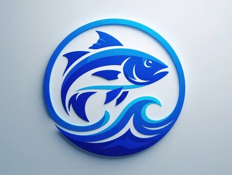 Blue fish graphic inside circle design. Modern aquatic logo features stylized marine animal swimming above ocean waves. Minimalist illustration for seafood brand, restaurant identity fishing company.