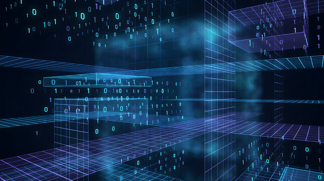Abstract Digital Technology Background Featuring Binary Code and Glowing Geometric Structures