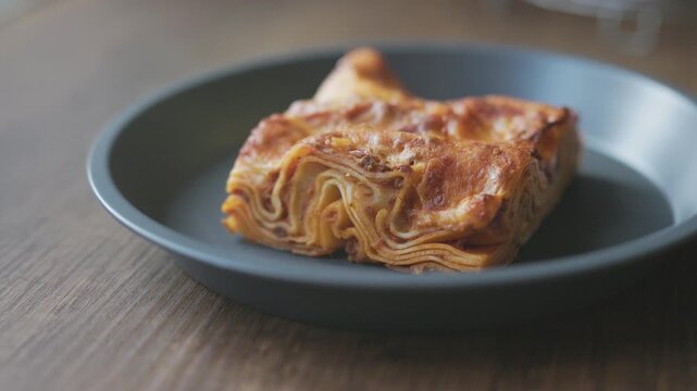 Close-up of a delicious homemade lasagna with meat sauce and melted cheese