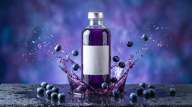 Purple blueberry juice bottle with berry splash on dark stone table