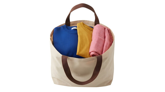 Canvas tote bag with folded colorful clothes, beige fabric shopper with blue yellow and pink laundry, reusable cotton bag for travel