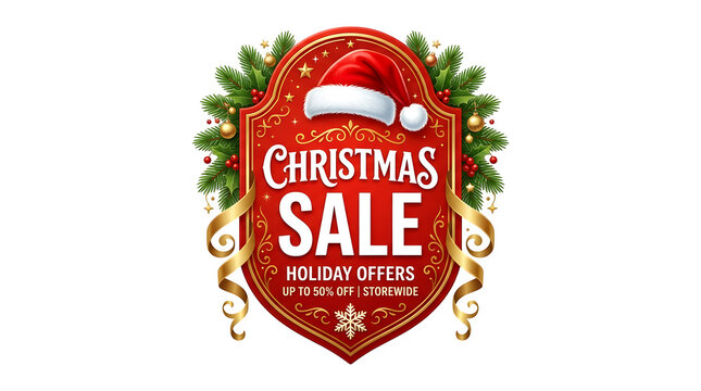 Christmas sale badge with Santa hat and pine branches. Festive holiday offers label on red shield. Winter promotion sticker for retail marketing.