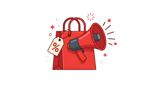 Red shopping bag with megaphone and discount tag, retail promotion concept, commercial sale announcement with bullhorn icon