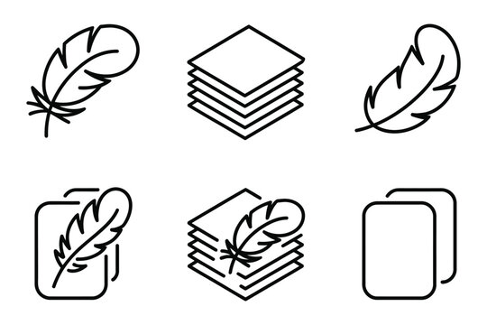 Fabric Feather Icon set, feather filler, soft material, lightweight insulation, bedding, textile, comfort, premium quality, and material innovation symbols in clean vector style.