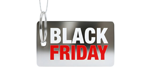 Black Friday metal tag on chain, silver chrome price label for retail sales, metallic discount badge for shopping promotions