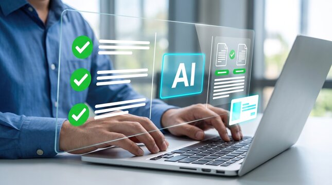 Artificial intelligence data verification, businessman using AI software for quality control, digital document validation on laptop