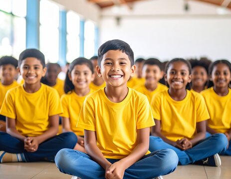 Smiling schoolboy sitting with classmates in a bright school hall