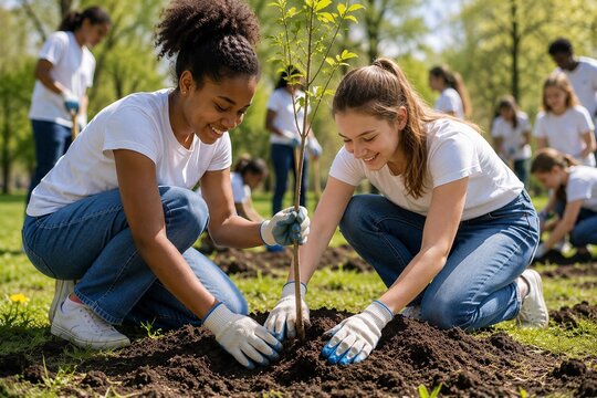 Deux jeunes &eacute;tudiantes multiculturelles souriantes plantant un jeune arbre dans un parc. Concept de b&eacute;n&eacute;volat, d'&eacute;cologie, de travail d'&eacute;quipe et de protection de l'environnement.