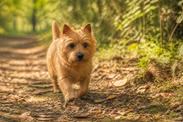 Naklejka premium Cute small dog running happily along a forest trail in the sunny park. The fluffy puppy enjoys a walk outdoors surrounded by green trees. Concept for pet activity, nature, and active life.