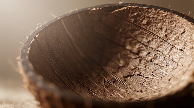 Coconut shell interior texture displayed in close-up. Natural light emphasizes fibrous structure, organic surface. Brown tones contrast with rough, cracked patterns. Suggests eco-friendly material