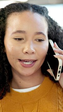 Phone call, happy or woman in office with chat, campaign brief or client feedback on creative pitch. Talking, contact or brand clerk with tech, digital ad response or discussion on marketing proposal