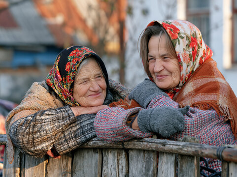 Two Senior Elderly Women in Headscarves Chatting Leaning on Wooden Fence