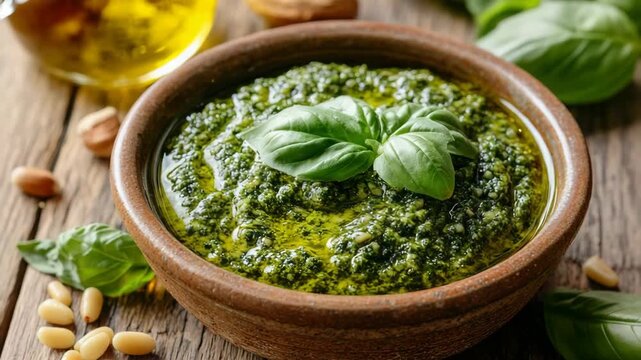 selective focus vibrant green pesto in rustic ceramic bowl with basil and pine nuts