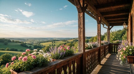 Fototapeta premium Wooden balcony with colorful flowers overlooks scenic countryside landscape. Pink, white blossoms in planters decorate rustic porch. Rolling green hills, trees under blue sky create peaceful rural