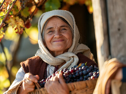 Happy Senior Peasant Woman Holding Wicker Basket of Freshly Picked Grapes