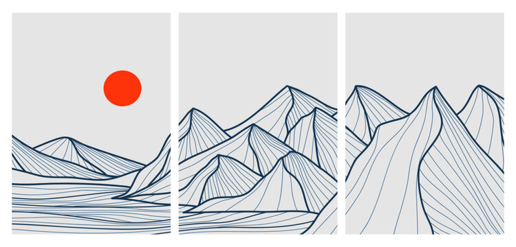 mountain line art print on set. Abstract mountain contemporary aesthetic backgrounds landscapes. vector illustrations