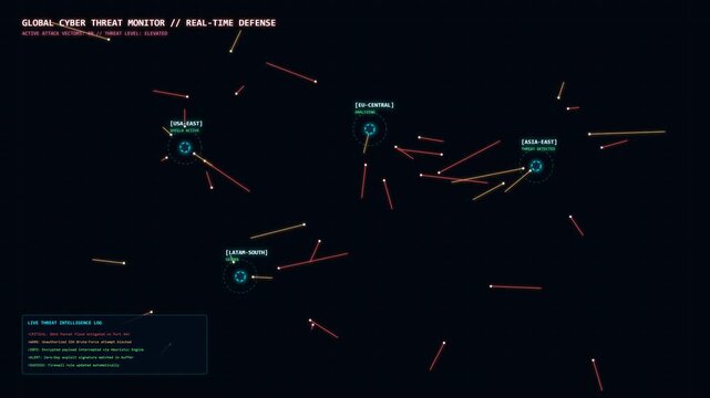 Digital global cyber threat monitor dashboard showing animated red attack vectors and protective defensive nodes in motion video footage background