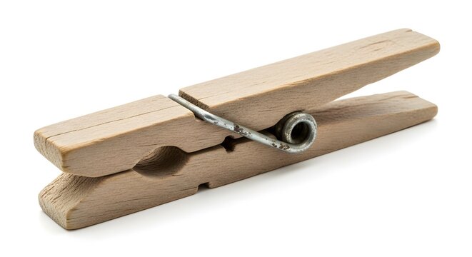 A single old wooden clothespin with metal spring on white background
