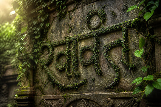 Natural vines growing on an ancient wall forming elegant script curves.