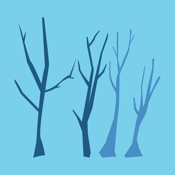 Flat illustration of bare dead winter trees with leafless branches, isolated on blue. Simple silhouette elements for cold season scenes, forests, and nature designs.