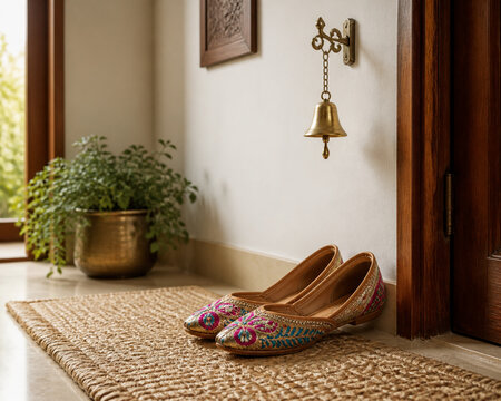 Colorful embroidered jutti shoes on jute mat with brass bell, entryway decor concept
