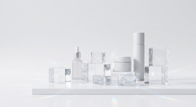 Pure crystal-clear ice blocks catching bright, clean daylight, subtle prismatic rainbow refractions on a spotless white background, ultimate clarity and skin whitening aesthetic, minimalist 3D render.