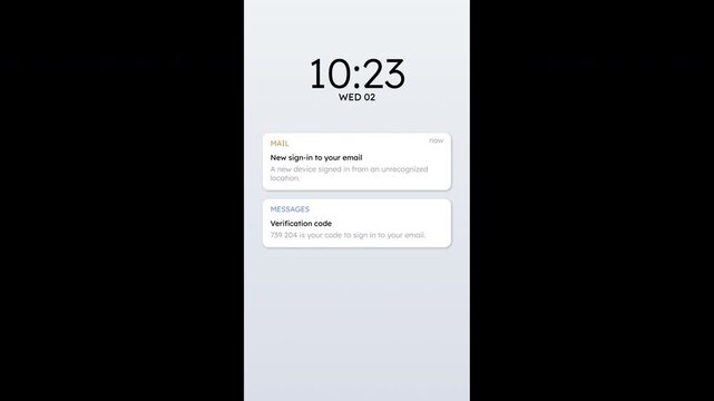 Bank account and email hacked, account takeover alerts on a phone lock screen, vertical video with copy space