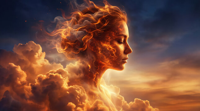 Surreal and ethereal composite illustration of a beautiful woman with eyes open, formed entirely from a swirling, glowing nebula of fire, smoke, and stardust in deep space. 