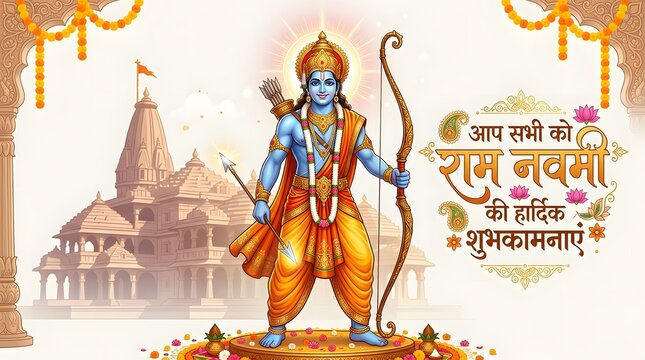 Lord rama standing with bow and arrow in front of a temple, ram navmi festival greeting with hindi text