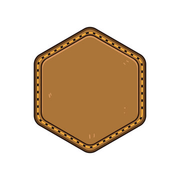 Blank brown leatherette hexagonal label or badge featuring a contrasting stitched border, providing a versatile template for custom branding and identity